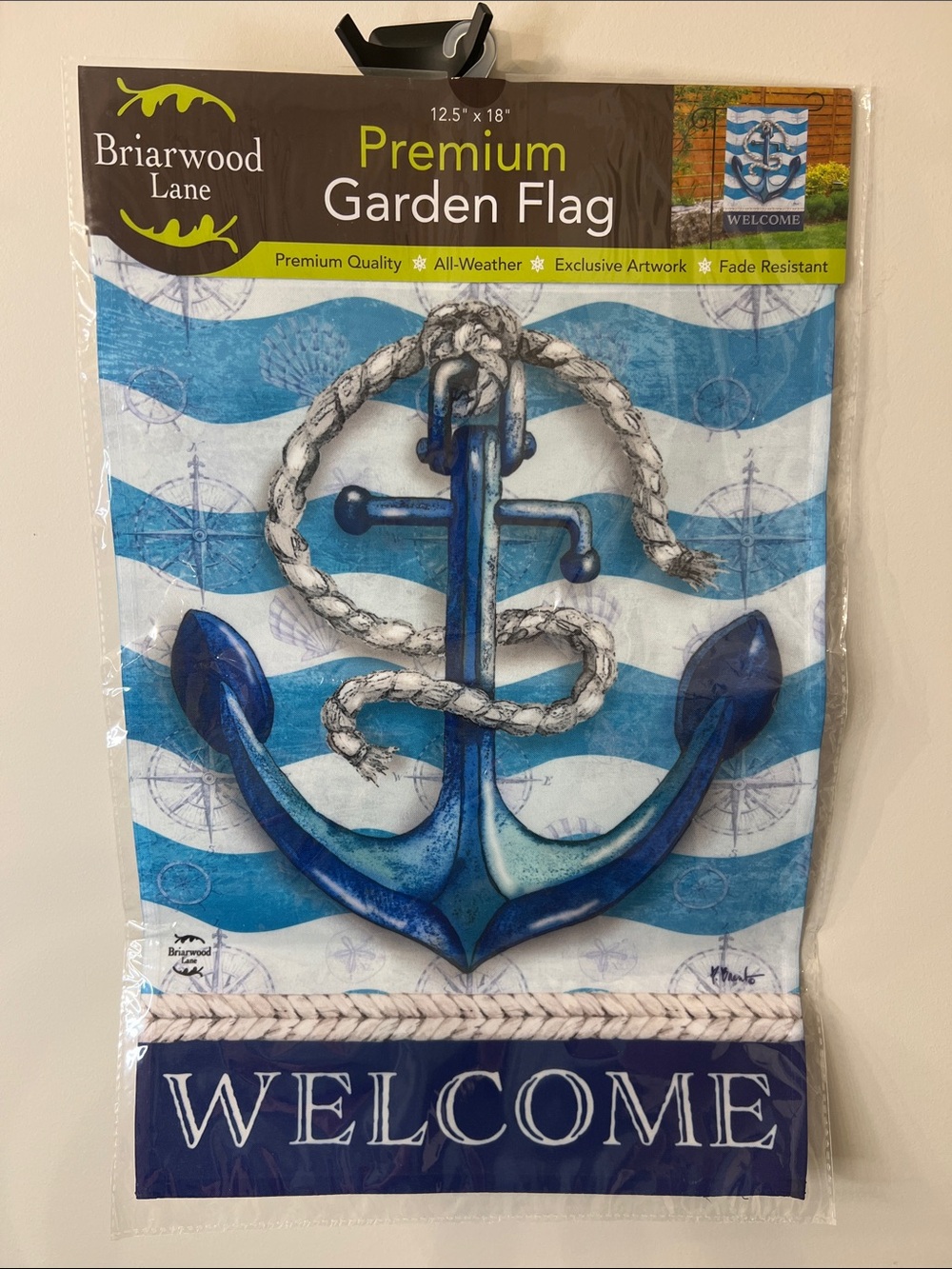 Blue and White Anchor Welcome Garden Flag